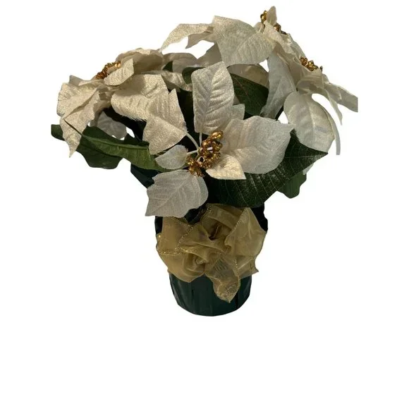 Faux White Gold Poinsettia Plant Floral Arrangement Glitter Bow New with Tags Be