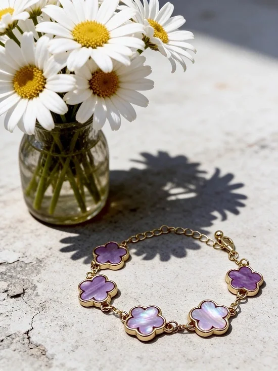Purple Clover Charm Bracelet Gold Tone Adjustable Floral Link Bracelet