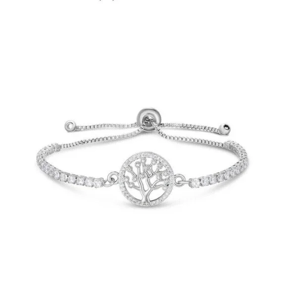 Cubic Zirconia Tree Of Life Adjustable Bolo Bracelet in Fine‎ Silver Plate $75