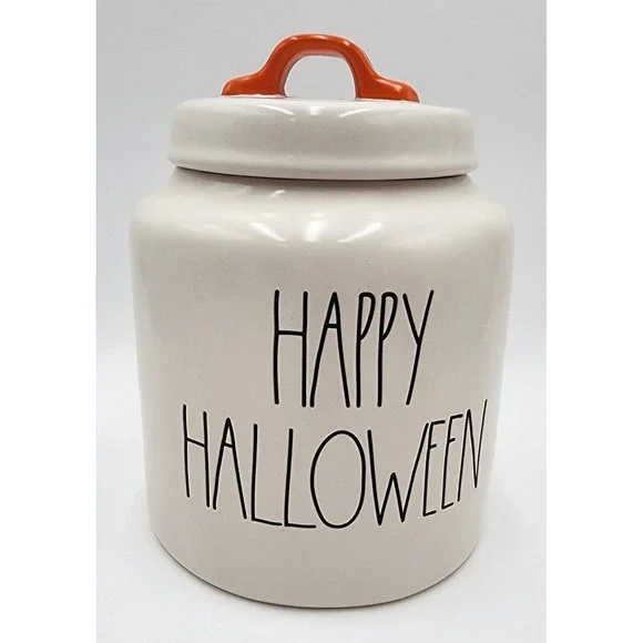 Rae‎ Dunn Happy Halloween Canister Jar with Orange Handle Lid Ceramic NOS
