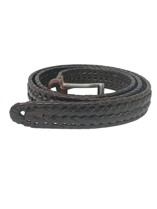 Mens Genuine Leather Braided Belt Silver Buckle 110 / 44 Dark Brown #I-9