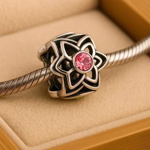 Chamilia Pink Garden Party Dahlia Swarovski .925 Silver Charm Bead EUC #198