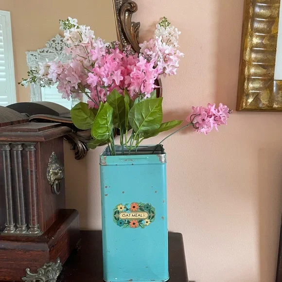 Vintage 30/40s Pink Faux Floral Display Green Tin Oatmeal Canister  10” height