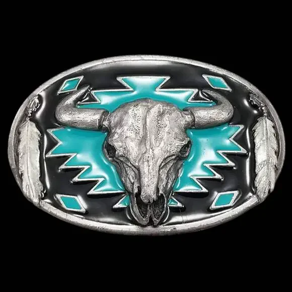 Vintage Belt Buckle 1993 Pewter Cow Skull Native American Indian Tribal Western‎
