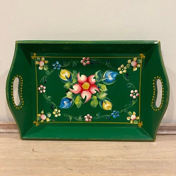 Hand Painted Vintage Wooden Tray | Floral Pattern