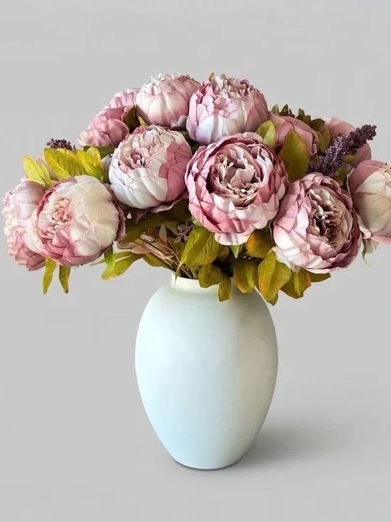 Pink Peony Bouquet in White Vase - Home Accent Floral Arrangement