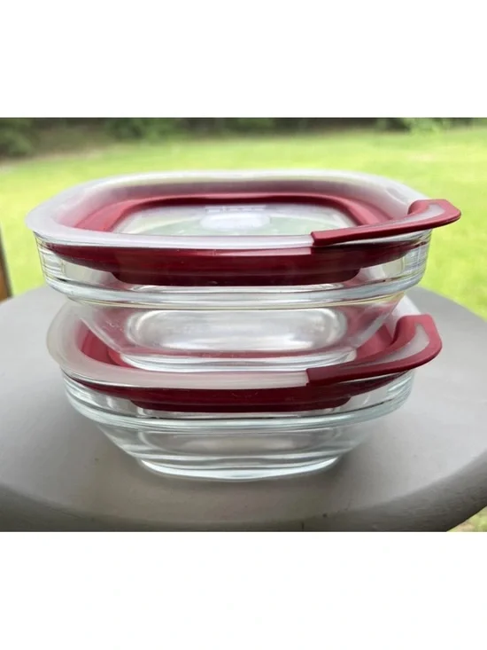 2- Rubbermaid Glass Food Storage Containers 2.5 Cup Square with Red Lids