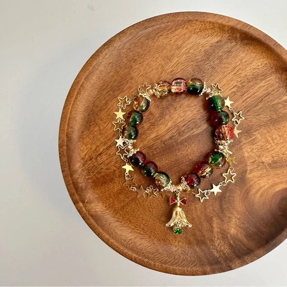 3/$20 Handmade Christmas Holiday Glass Beaded Jingle Bells Gold Star Bracelet