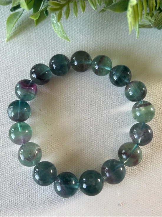 12mm Fluorite beaded stretch bracelet green blue & purple beads