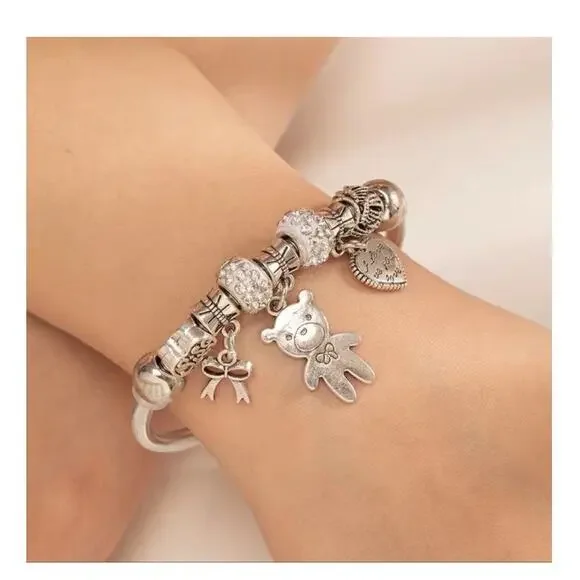 Beaded I Love You Bear Charm Zinc Alloy Open Cuff Bangle Bracelet