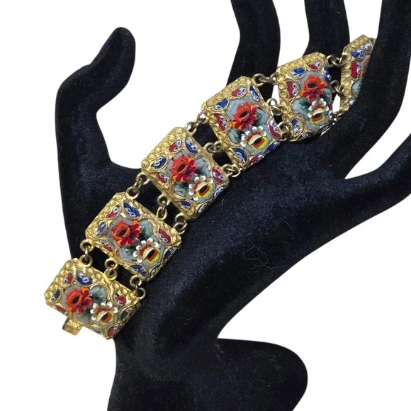 Vtg Micro Mosaic Roses Bracelet Floral Italian Millefiori Glass Link Panel 7.25