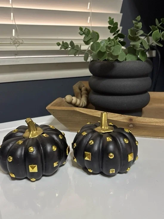 Decorative Black & Gold Studded Pumpkin Set - Home Accents