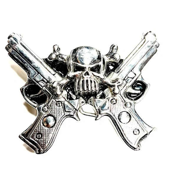 Collectable Skull Skeleton Double Pistol Silver Men’s Belt Buckle