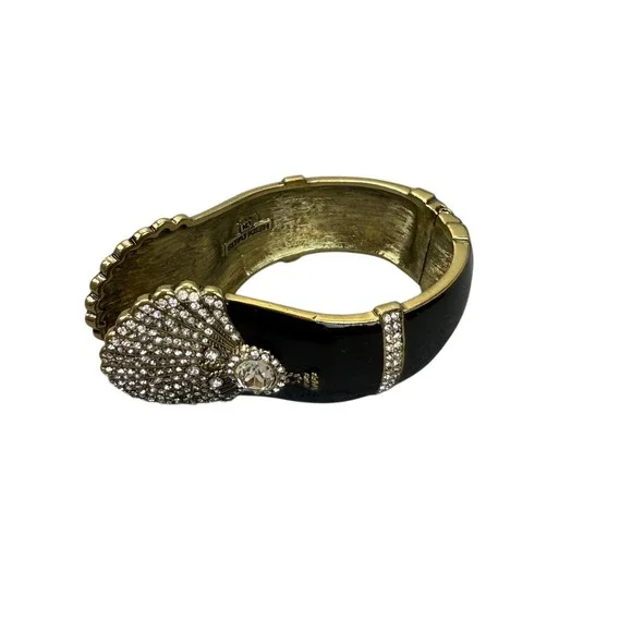 Rhinestone Shell Bangle Bracelet Black Enamel Gold Tone Crystal Clam Bling Party