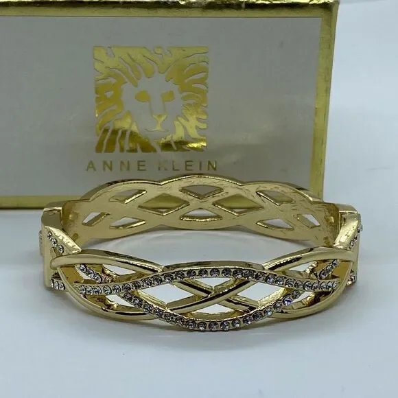Anne Klein Women's Gold-Tone and Crystal Hinge Bangle Bracelet UB71
