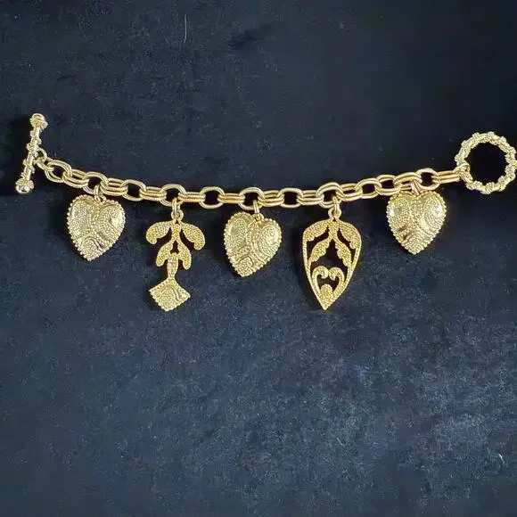 Vintage Charm Bracelet ~6.75″ Toggle Length Hearts Leaves Chunky Bold