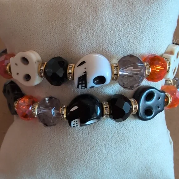 Halloween Gothic Skull Bead Bracelet Set - Black, White, Orange Set