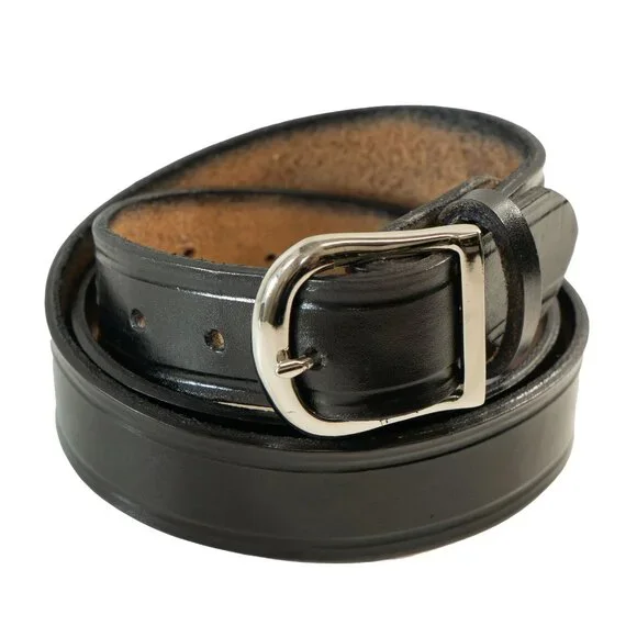 Vintage Black Leather Cowboy Belt Western Silver Tone Brass Buckle Heritage Belt