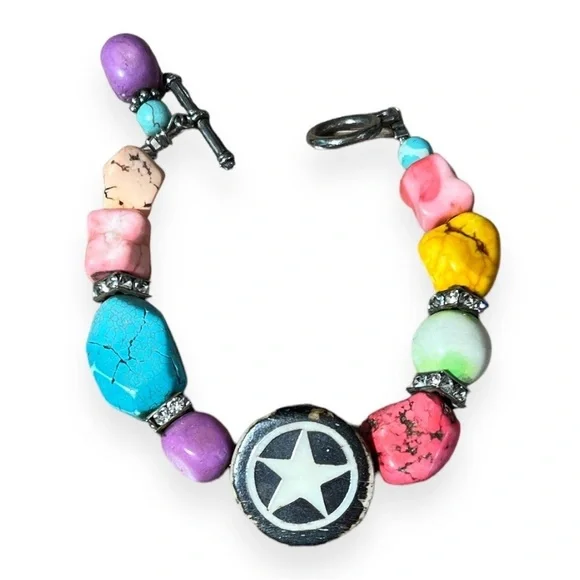 Handmade Chunky Bracelet Turquoise Stones‎ Rhinestones Beaded Boho Xmen Style 7”