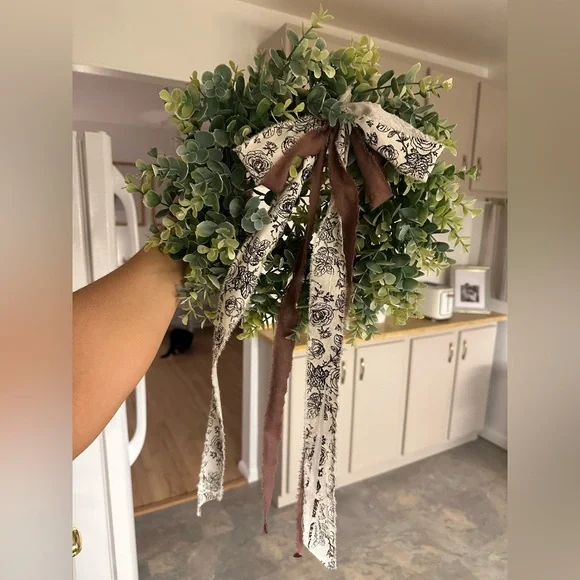 Greenery Wreath with Brown and Cream Ribbon