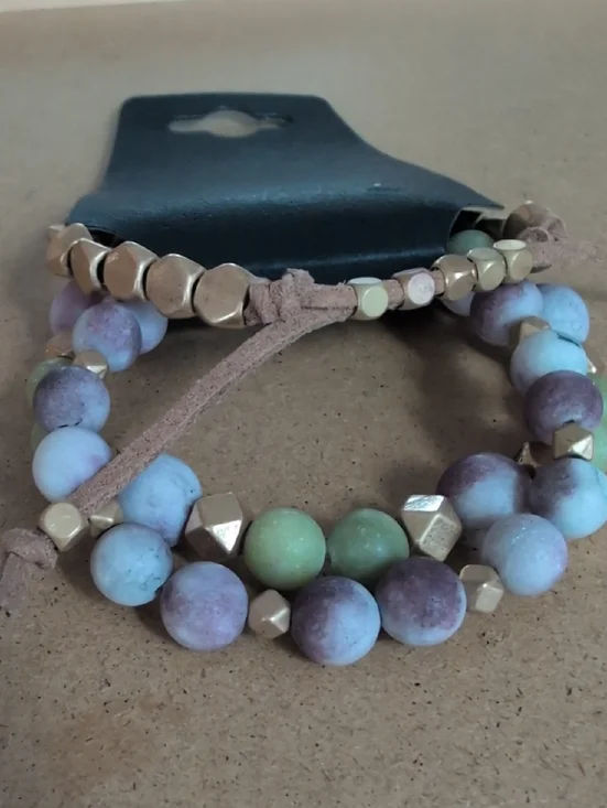Matte Bead Stretch Bracelet Set with Gold Accents - Green & Purple