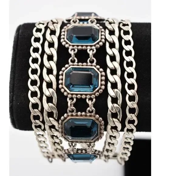 Brighton Le Ritz Crystal Bracelet Blue Bezel Multi-Chain Silver Signed Bin4