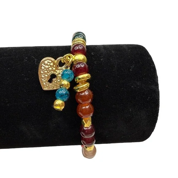 Boho Colorful Glass Gemstone Heart Charm Bracelet Gold Tone Stretch Band Wrist 7