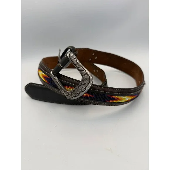Justin Mens Leather Belt Beaded Western Style‎ Silver Buckle Black Yellow Red