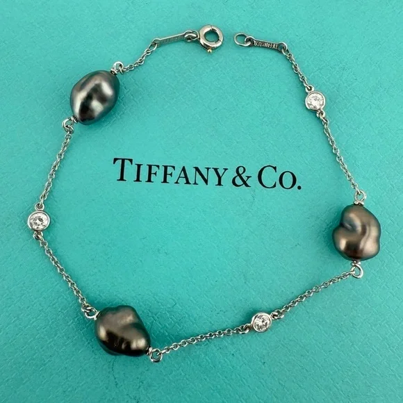 RARE Tiffany & Co. Vintage Tahitian Pearl & Diamond by the Yard Bracelet in Plat
