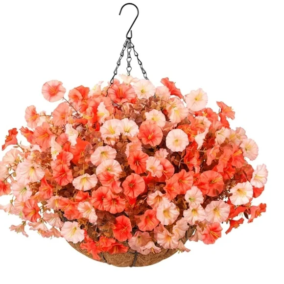 Forever Flowers Hanging Floral Basket silk arrangement pink morning glory