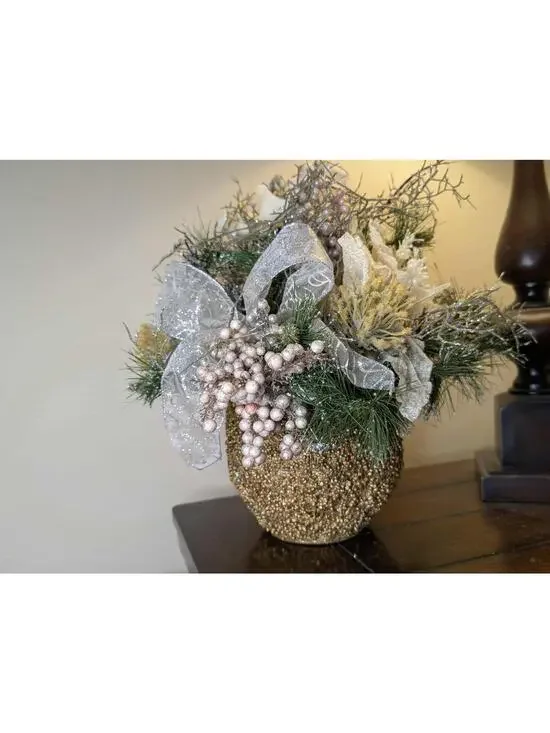 Christmas Fall Floral Arrangement Dining Home Centerpiece Gold Beaded Silver
