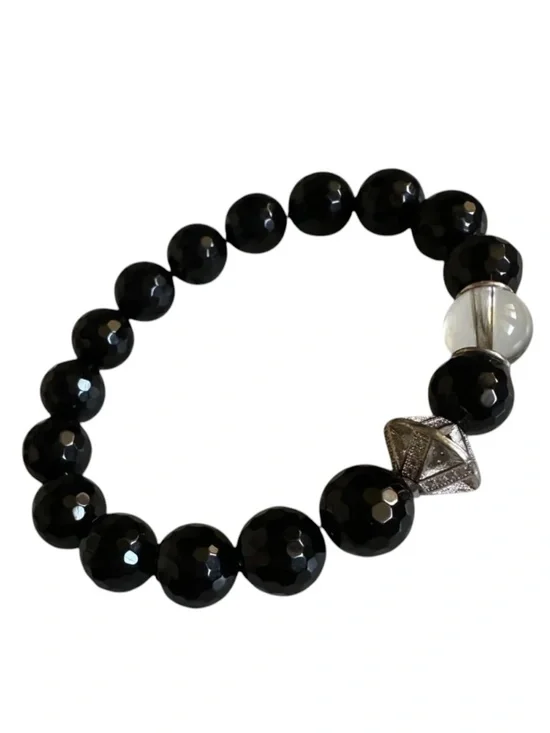 10mm Black Onyx Stretch Bracelet Silver Clear Quartz Pave Spacer