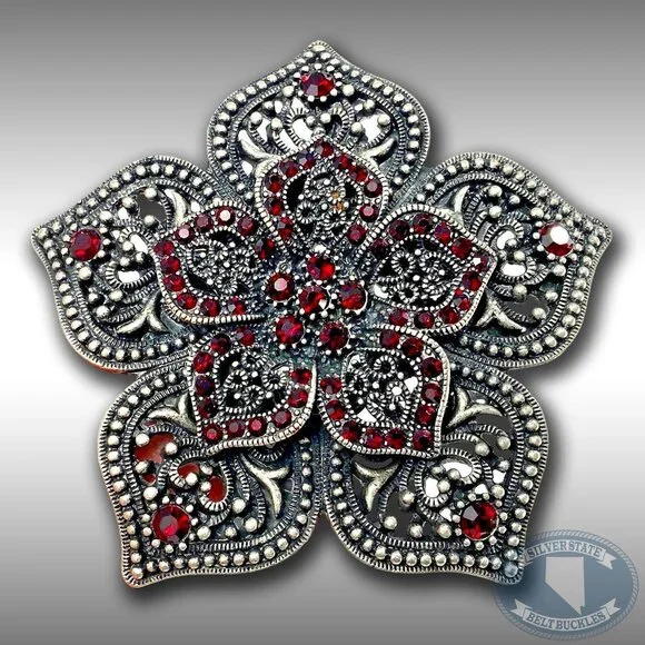 Belt Buckle Women's Star Flower Pedals Double Layer Perforated Red Rhinestones‎