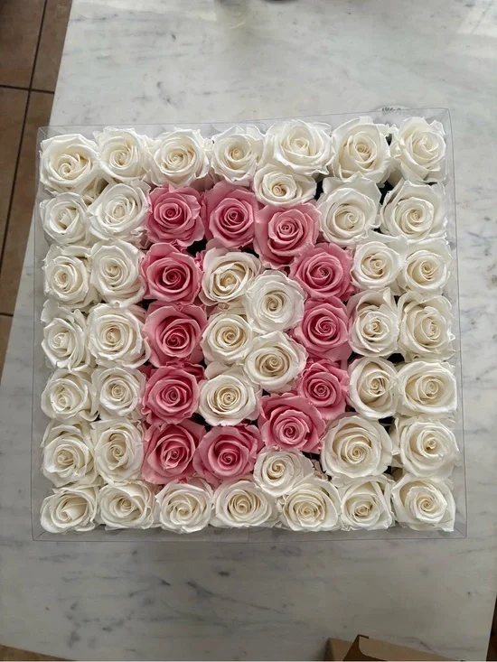White Pink Preserved Roses Letter D   Venus Fleurs Wedding Box Arrangement