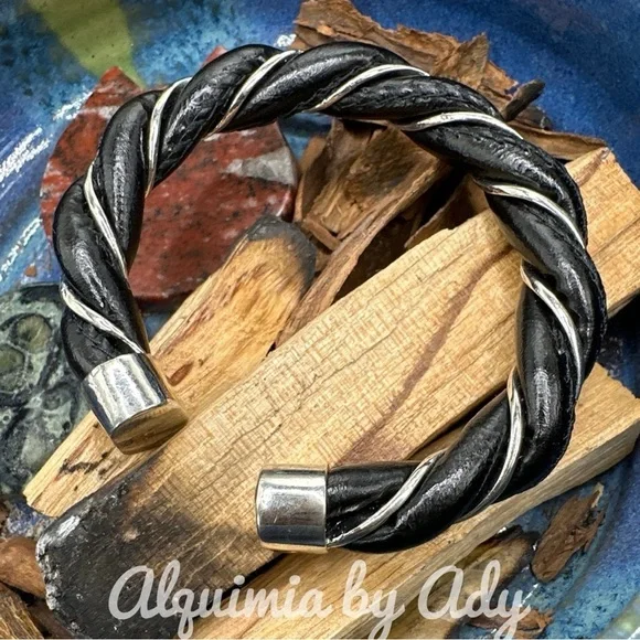 Black leather and silver bikercore chunky statement bracelet cuff bangle