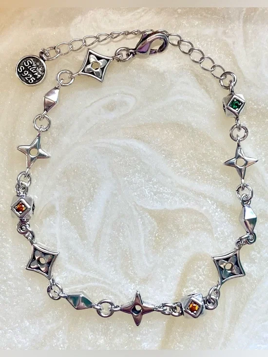 Sterling Silver Star & Square Charm Bracelet with Multicolored Stones