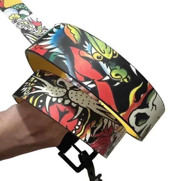 NWT Ed Hardy Men's Sz 40 Reversible Black Leather Belt Dragon Heart Skull Tattoo