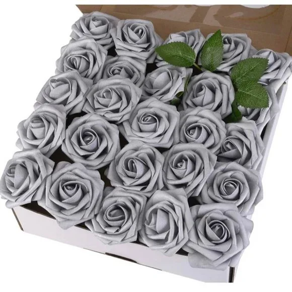 25 pcs Silver Roses Flowers with stems Realistic Floral Grey Wedding Bouquet