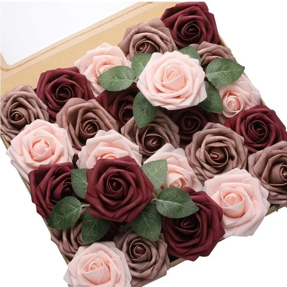 25 Count | Burgundy Ivory Dusty Roses Wedding Bouquet Flowers Centerpiece Decor