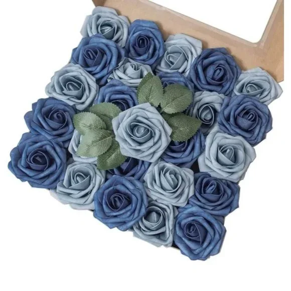 25 count | Shades of Dusty Blue Roses Artificial Flowers Wedding Bouquet Decor