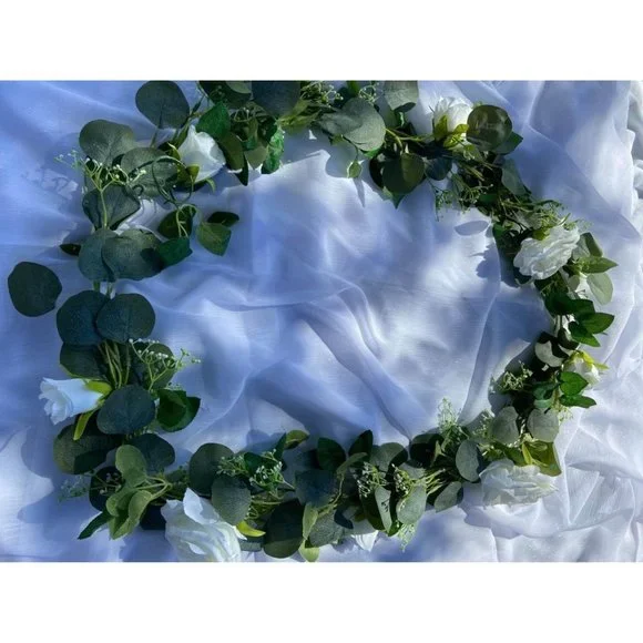 6.5 foot White Rose Eucalyptus Garland with Seeded flowers Wedding Vines