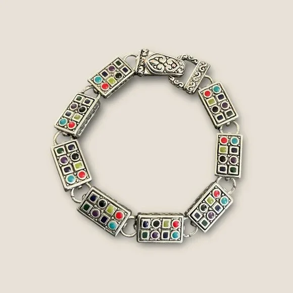 Vintage Colorful Silver-Tone Enamel Bracelet With Magnetic Clasp 7.5 Inches