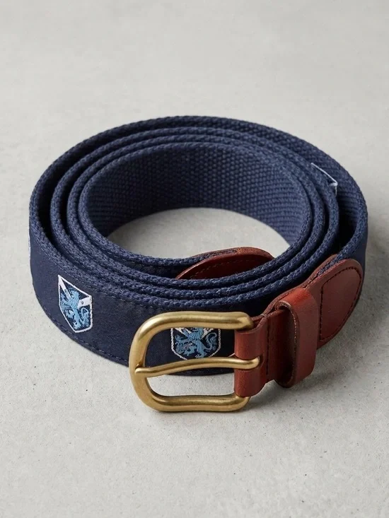 Leather Man Ltd Golf Country Club Belt Mens 32 Navy Blue Tan Leather Preppy
