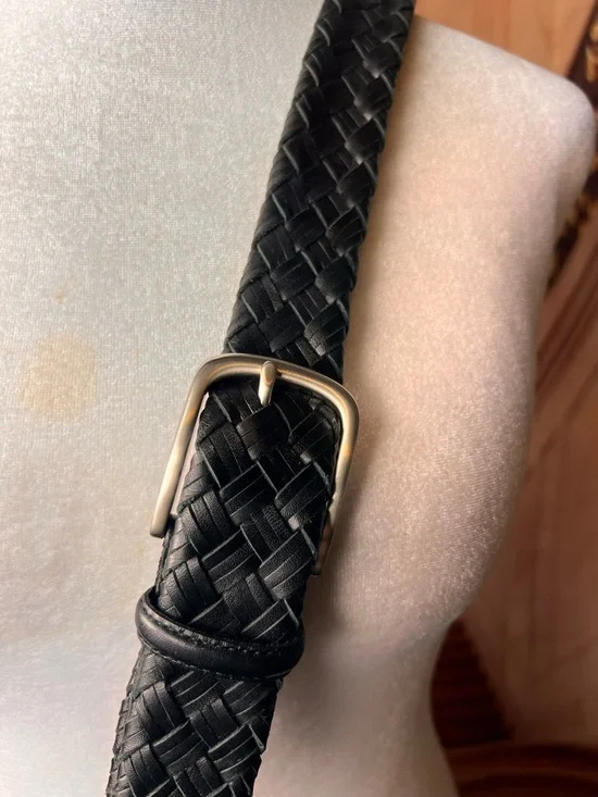 Tasso Elba Wide Black Leather Braided Belt with Silver Buckle, excellent