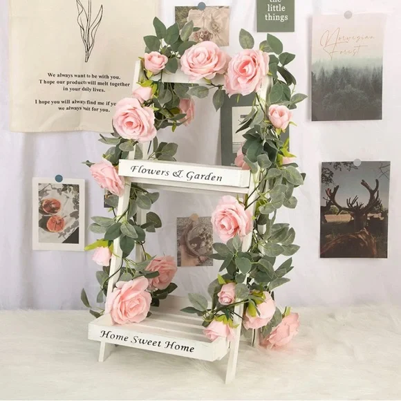 4 count | Pink Rose Floral Vines Green Leaves Garland Wedding Dining Table Decor