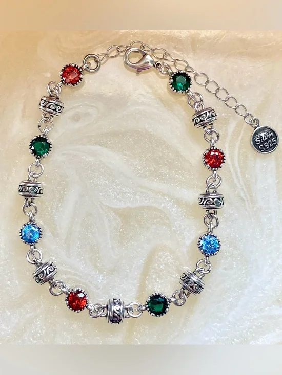Sterling Multicolor Crystal Bracelet Red, Green & Blue