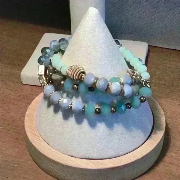 Vintage Crystal Faceted Blue Glass Beads with Gold Tone Multiple Strands
