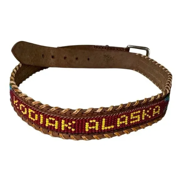 Vintage Kodiak Alaska Beaded Native American Leather‎ Brown Belt Men’s 28
