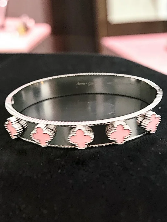 PINK CLOVER BANGLE CUFF BRACELET STAINLESS STEEL SIZE 5.5 - 6