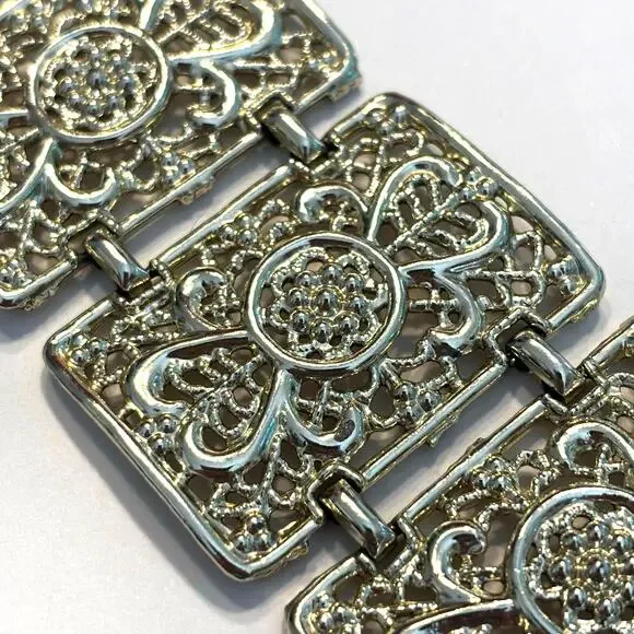 Vintage 1970's bracelet wide silvertone filigree panels mod chunky chain link